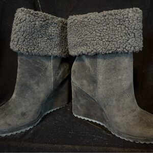 Women's Black Suede Wedge Boots with Fold-Over Shearling Cuff
